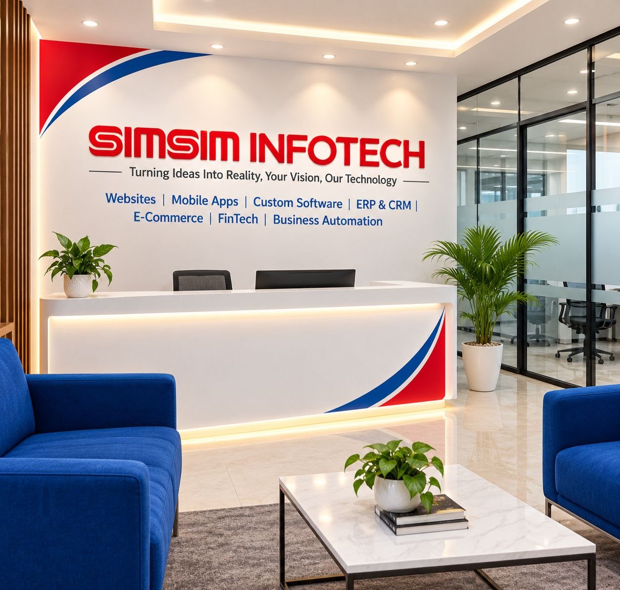 Reception concept featuring SIMSIM INFOTECH branding