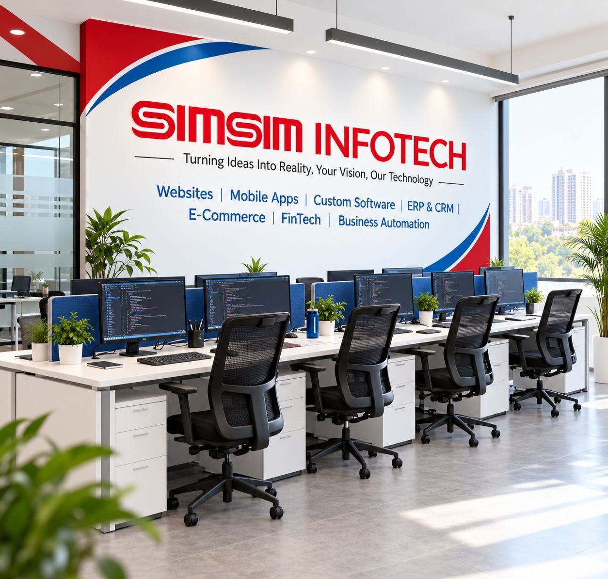 Workspace concept featuring SIMSIM INFOTECH branding